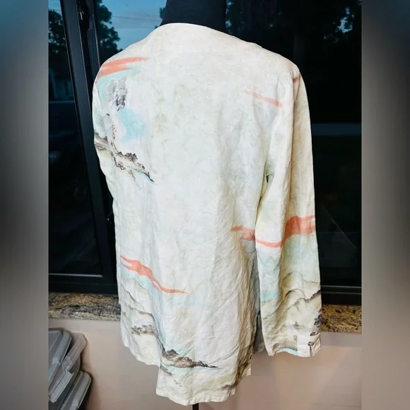 Citron Beige Tunic Landscape Scenery Silk Linen Blend Button Down Size Large - Picture 5 of 8
